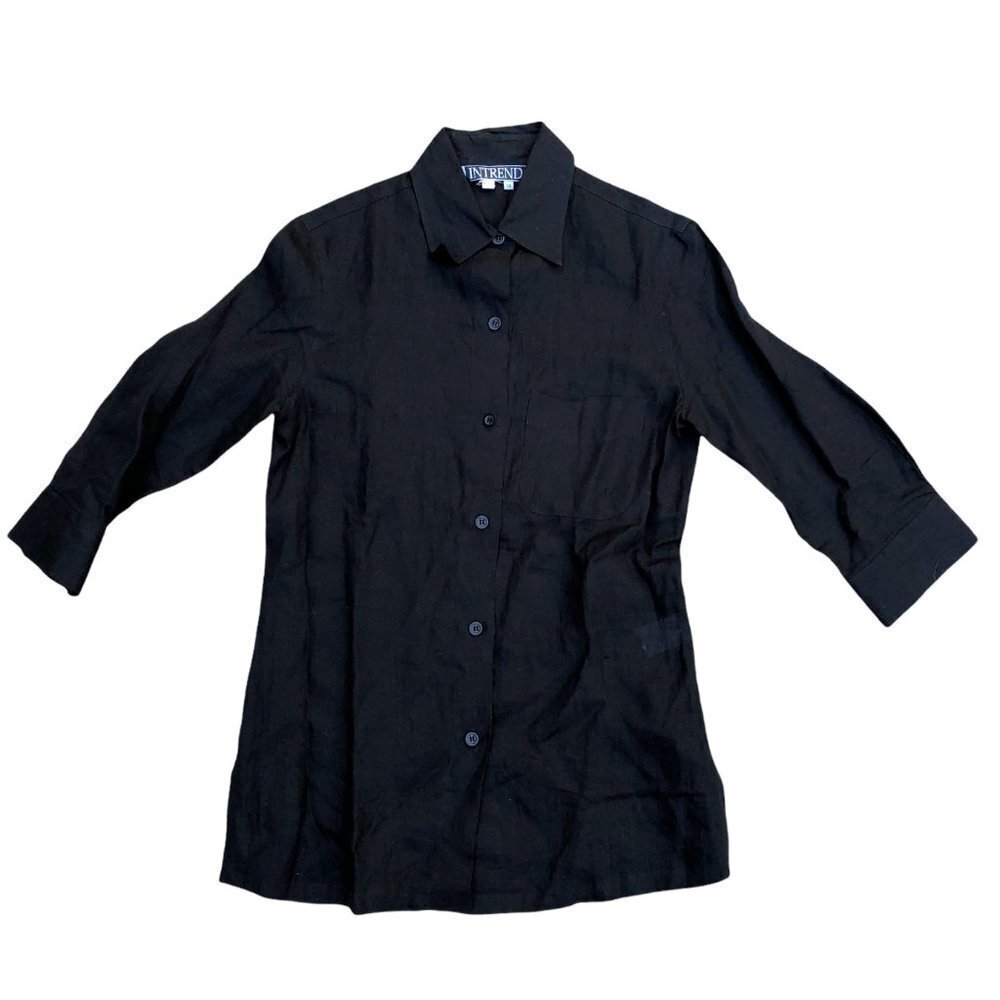 INTREND Long Blouse Top Shirt Women's 38 Vintage Black 100% Linen Vintage 90s‍‍